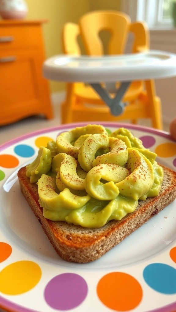 Soft whole grain toast with mashed avocado, cut into small pieces for babies, on a bright kitchen table.
